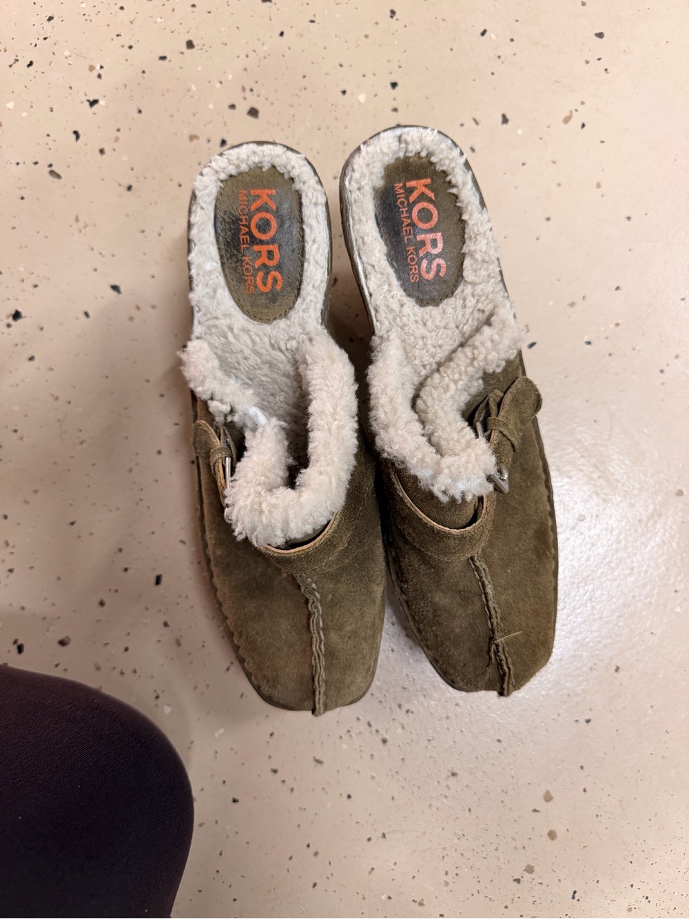 KORS Michael Kors Olive Suede Shearling Clog Mules